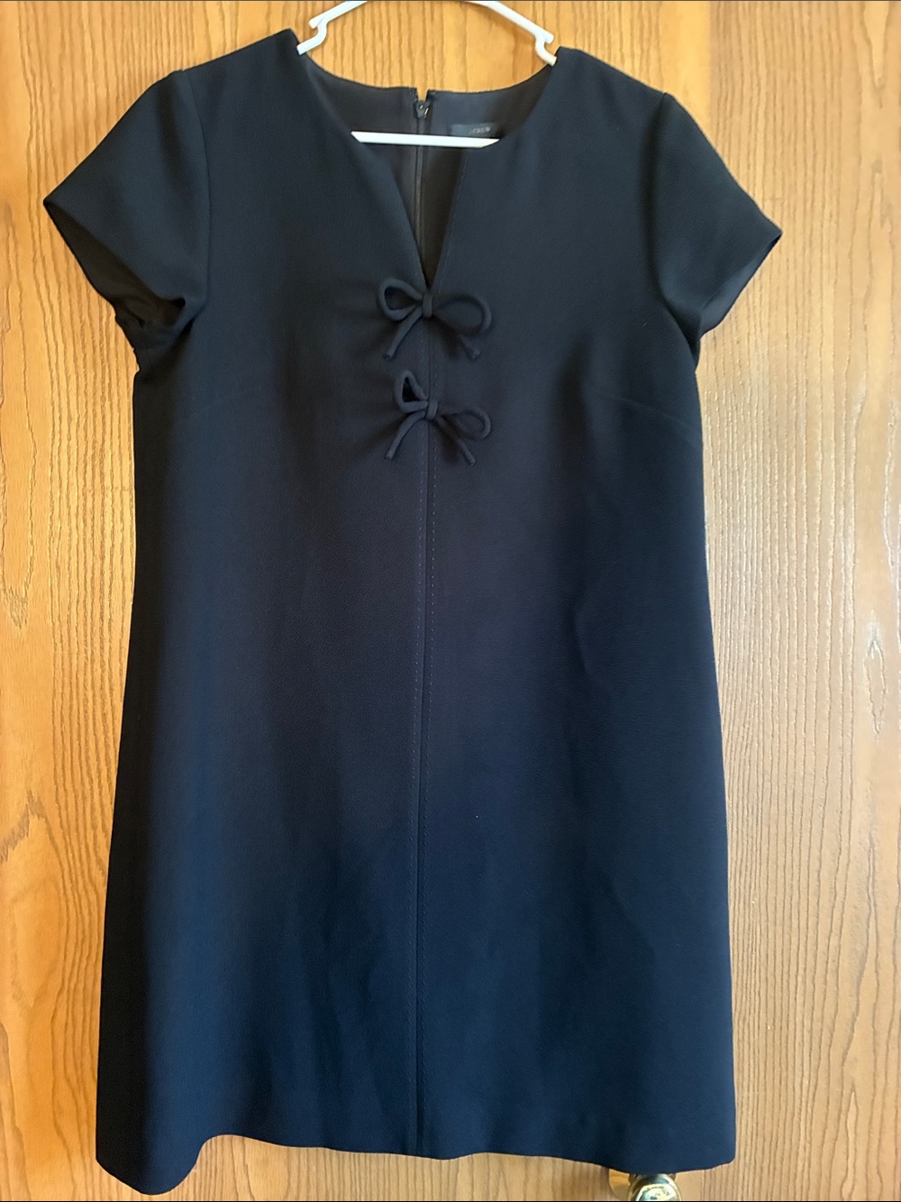 J. Crew Black Short-Sleeve Midi Shift Dress with Front Bow Ties